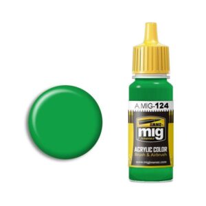 Bright green acrylic paint bottle with swatch, ideal for artists and crafts enthusiasts.