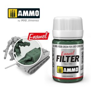 AMMO enamel filter A.MIG-1508 Green for Grey Green, perfect for military models and dioramas.