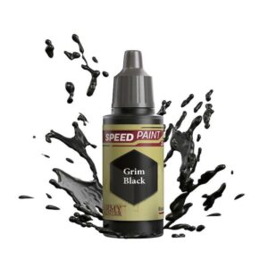 Sleek Grim Black speed paint bottle with dynamic splash; perfect for artists and model painters.