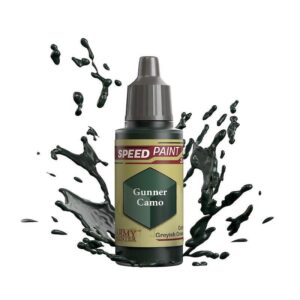 Gunner Camo Speed Paint bottle with vibrant splatters, perfect for quick and creative model crafting.