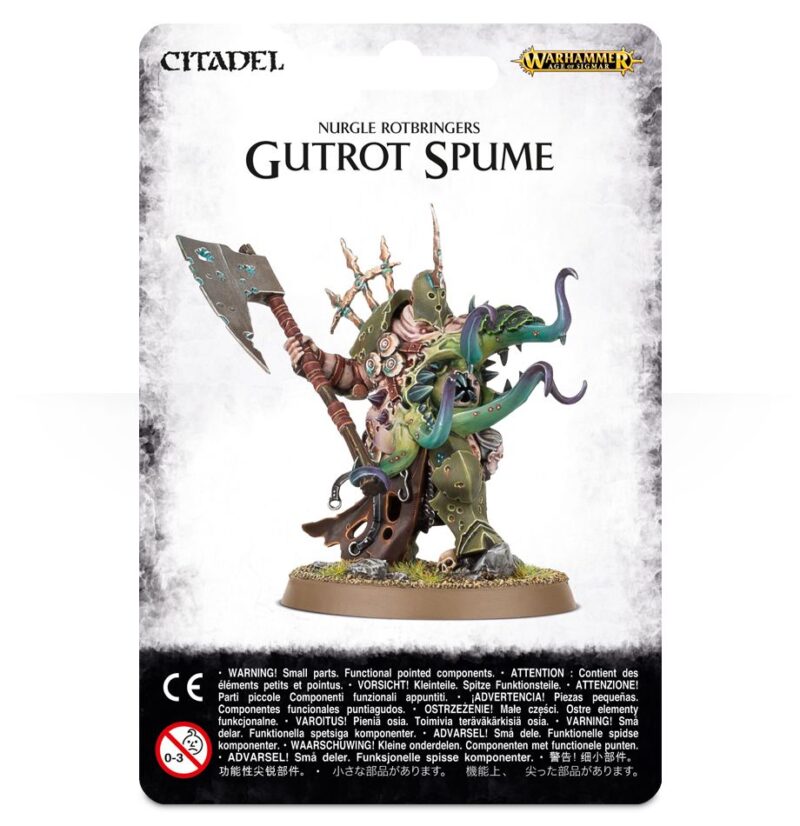 Gutrot Spume: Grotesque Nurgle miniature embodying decay, with bulging eyes and a rusted cleaver.