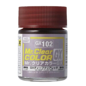 Mr. Clear Color GX102 Deep Clear Red paint for model building and miniatures.