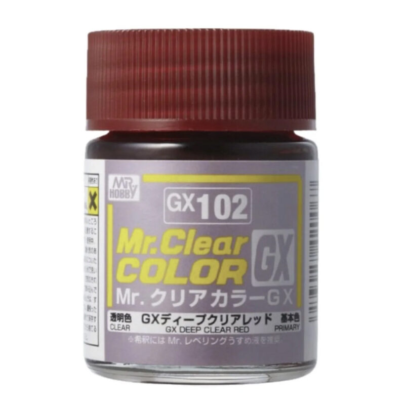 Mr. Clear Color GX102 Deep Clear Red paint for model building and miniatures.