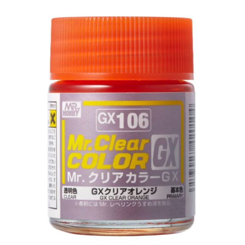 Vibrant orange Mr. Clear COLOR GX paint in a clear jar, perfect for modeling and crafts.