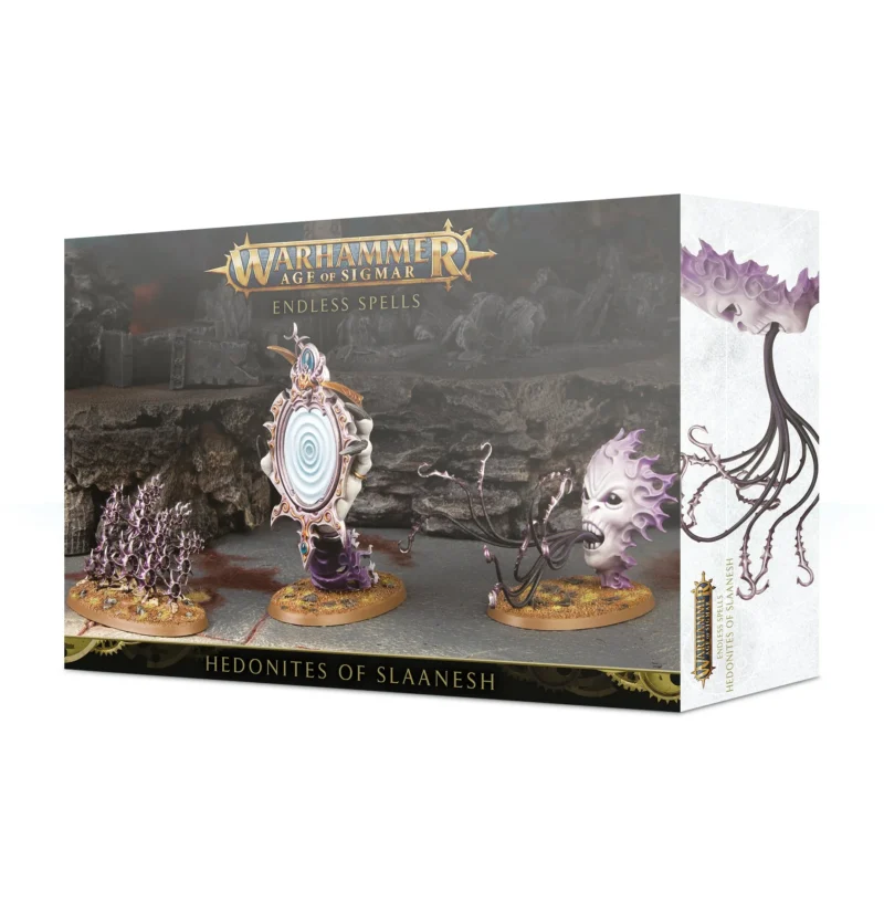 Hedonites of Slaanesh Endless Spells set features enchanting miniatures and chaotic, vibrant colors.