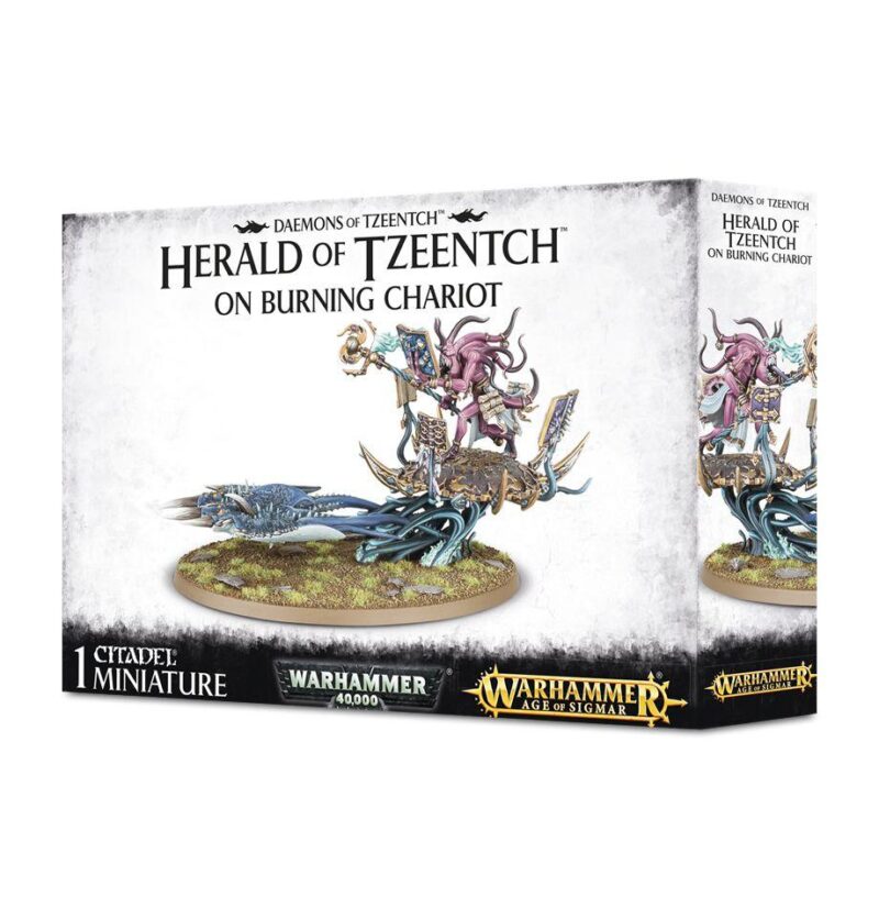 Vibrant Herald of Tzeentch miniature on a detailed chariot, embodying Warhammers chaotic fantasy.