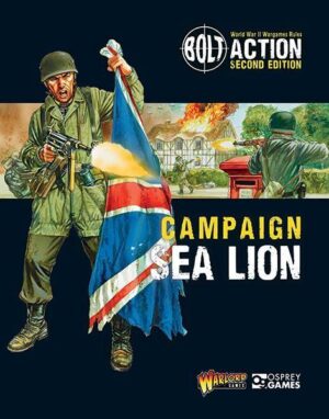 British soldier charges forward with flag, embodying bravery in Sea Lion campaigns battle scene.