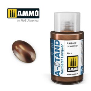 AMMO by MIG Jiménez Hot Metal Sepia lacquer enhances models with rich, glossy color.