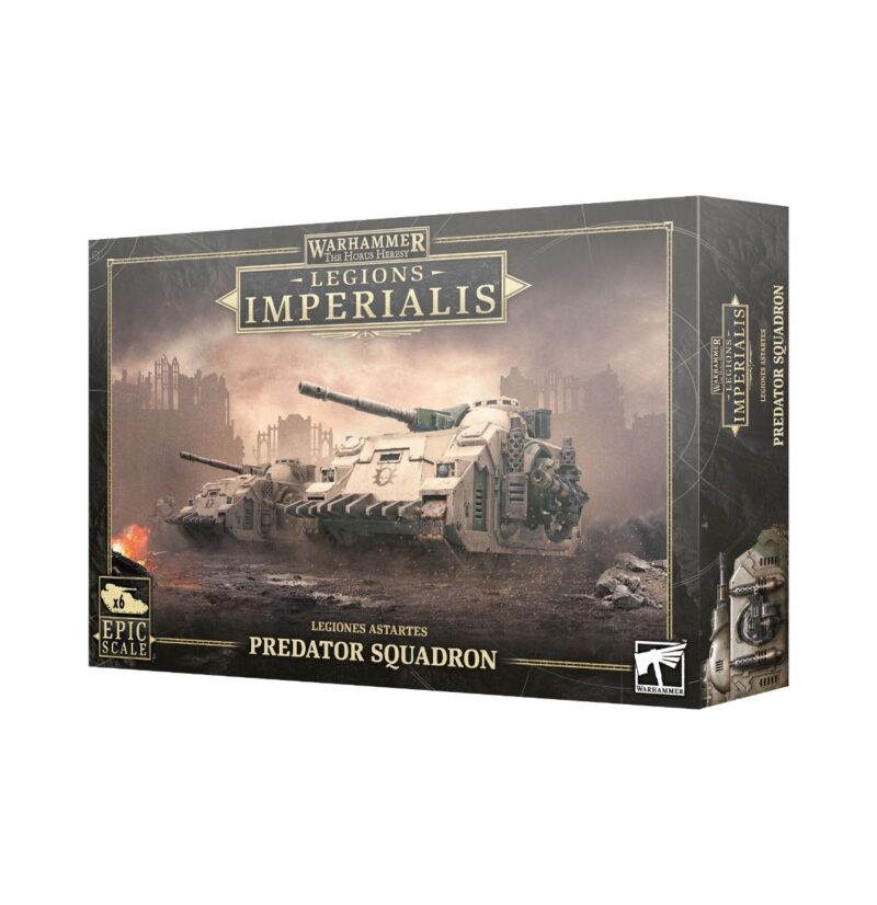 Warhammer Imperialis Predator Squadron kit showcases a detailed tank in a gritty battlefield scene.