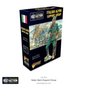 Italian Alpini Support Group miniatures box art showcasing a soldier in historic Alpine gear.