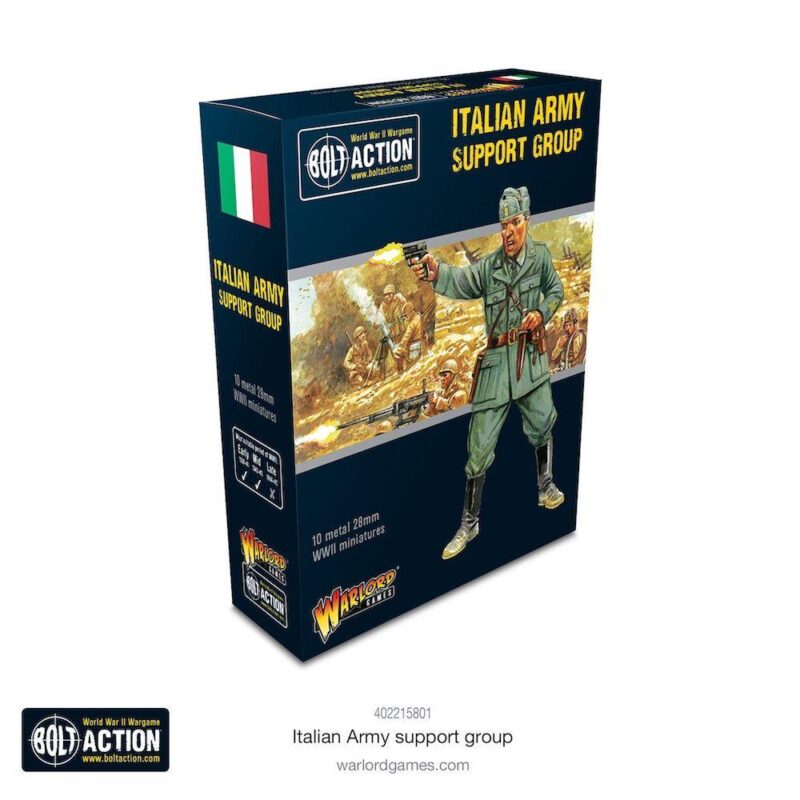 Italian Army Support Group box for Bolt Action tabletop game, featuring WWII soldier illustration.