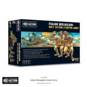 Italian Bersaglieri Starter Army box for Bolt Action featuring dynamic soldiers and essential miniatures details.