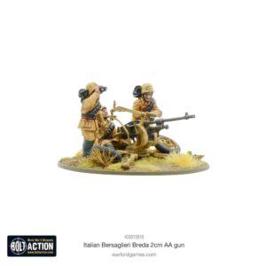 Italian Bersaglieri soldiers operating Breda 20mm anti-aircraft gun in a detailed miniature model.