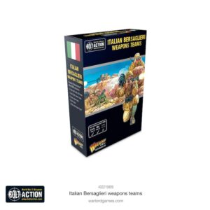 Italian Bersaglieri Weapons Teams box for Bolt Action, featuring detailed miniatures and vibrant artwork.