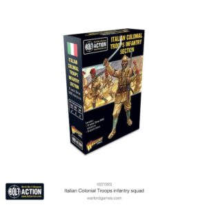 Italian Colonial Infantry Miniatures box art showcases dynamic soldiers for tabletop gaming enthusiasts.