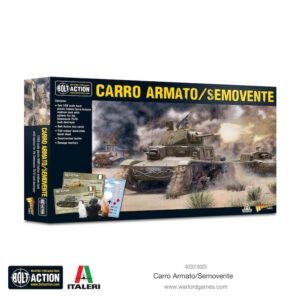 Italian WWII armored vehicle model kit featuring dynamic battlefield artwork and wargaming elements.