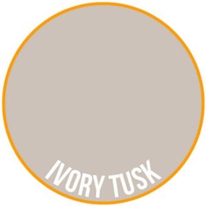 Elegant circular design with warm beige background and vibrant orange border, featuring Ivory Tusk.
