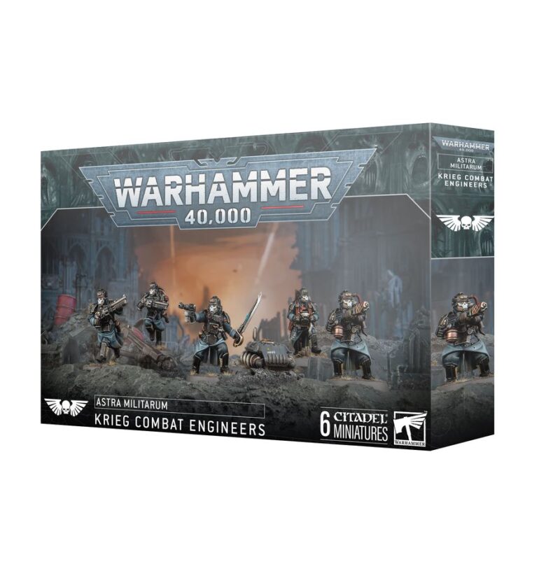 Krieg Combat Engineers: Six detailed Astra Militarum miniatures for Warhammer 40,000 tabletop gaming.