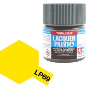 Tamiya Lacquer Paint LP69 in vibrant yellow, ideal for detailed model applications.