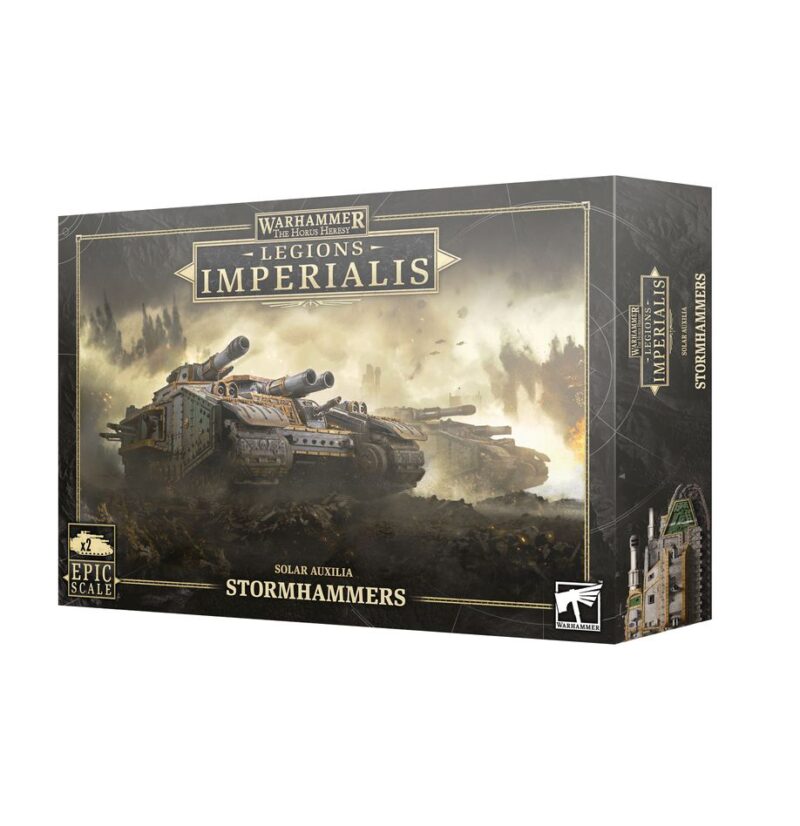 Warhammer Legions Imperialis: Stormhammers box featuring dynamic battle art and intense war machines.