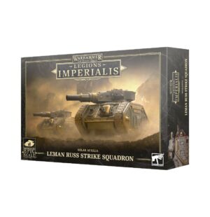 Leman Russ Strike Squadron box for Warhammer 40k featuring iconic tanks in a dramatic setting.