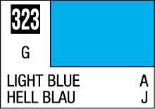 Vibrant light blue color sample card 323, labeled LIGHT BLUE and HELL BLAU.