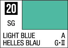 Calming light blue color swatch 20, showcasing tranquility in design with English and German labels.