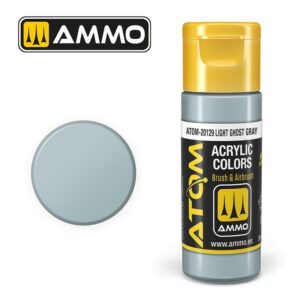 Light Ghost Gray acrylic paint by AMMO, versatile for brush and airbrush use, ATOM-20129.