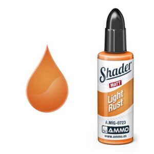 Glossy orange paint drop beside Shaders Matt Light Rust bottle for precise artistic applications.