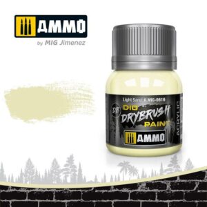 Light Sand dry brushing acrylic paint by AMMO, ideal for enhancing modeling and miniature details.