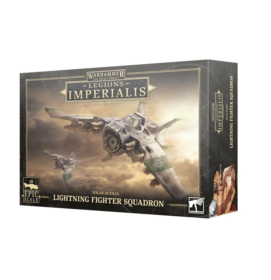 Lightning Fighter Squadron miniatures from Warhammer 40K, featuring detailed aircraft and dynamic design.