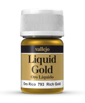 Vallejo Liquid Gold paint in rich gold offers a luxurious metallic finish for artists.