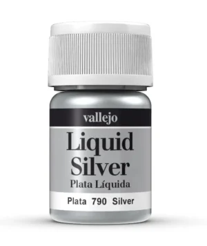 Vallejo Liquid Silver paint bottle designed for artists and hobbyists seeking metallic finishes.
