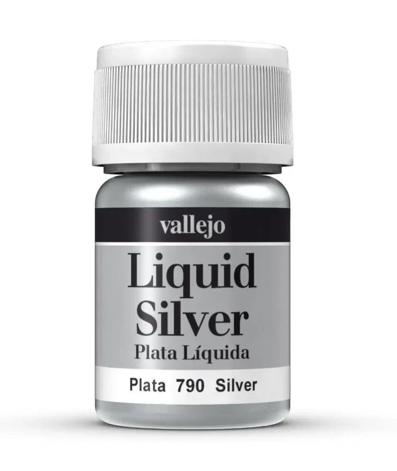 Vallejo Liquid Silver paint bottle designed for artists and hobbyists seeking metallic finishes.