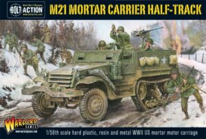 M21 Mortar Carrier model kit with detailed WWII soldiers in action around the half-track.