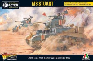 M3 Stuart tanks charge through a WWII battlefield, kicking up dust and smoke in action.