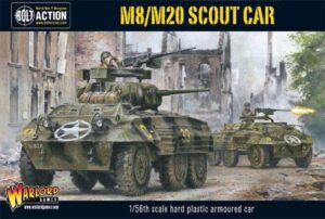 M8 and M20 scout cars ready for action in a war-torn urban landscape.