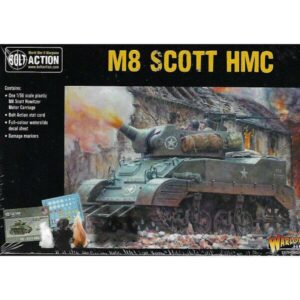 M8 Scott HMC model kit box art showcasing intense battle scene with damaged landscape.