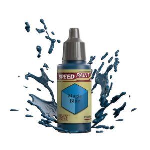 Vibrant Magic Blue speed paint bottle with dynamic splash, perfect for inspiring creativity and efficiency.
