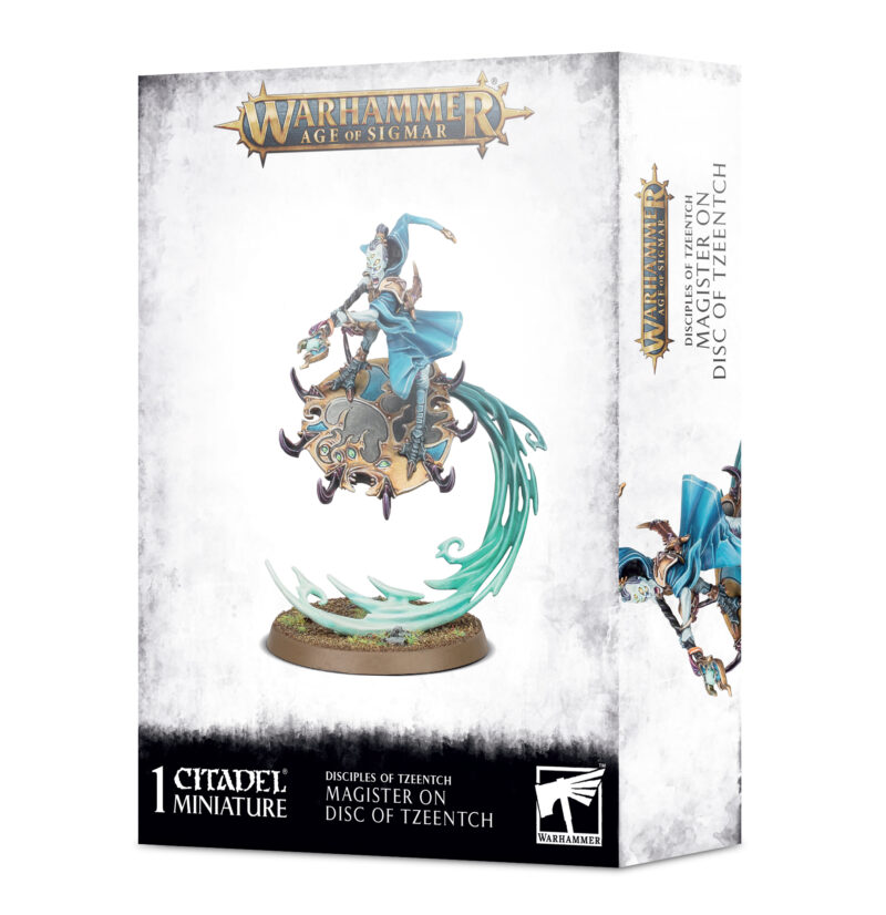 Magister on Disc of Tzeentch: Dynamic miniature model with intricate blue and gold details.