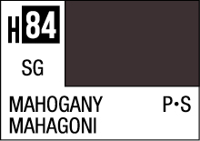 Deep Mahogany color swatch H84 with SG finish, labeled in English and Spanish.