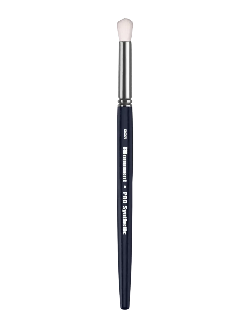 Sophisticated navy makeup brush with soft white bristles and elegant silver ferrule for precise application.