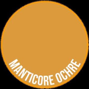 Modern minimalist design featuring MANTICORE and OCHRE on a warm ochre background.
