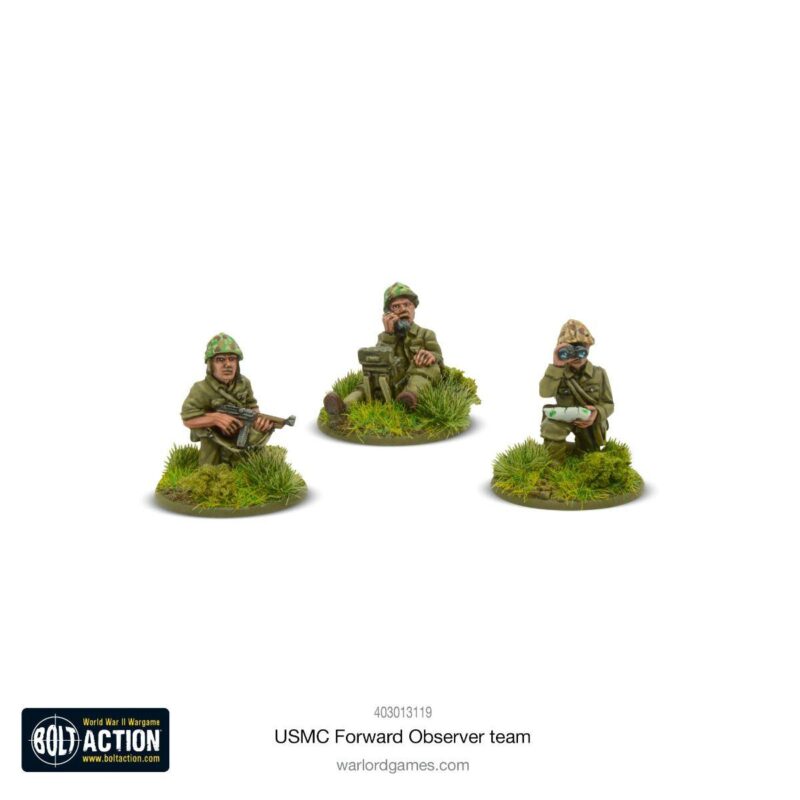 US Marine Corps Forward Observer team miniatures in realistic World War II setting.