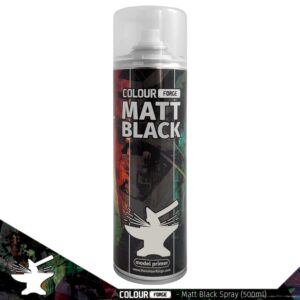Sleek Colour Forge matte black spray can for model priming with creative background design.