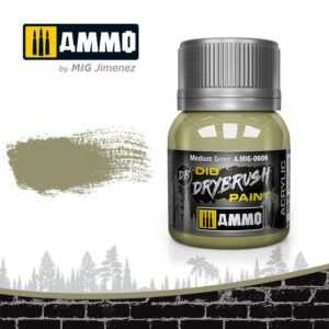 Ammo by MIG Jimenez Medium Green Dry Brush Acrylic Paint in a stylish jar for modelers.