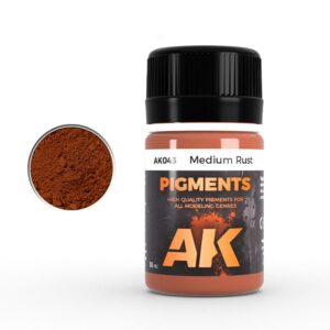 AK Medium Rust pigment bottle with vibrant orange powder for modeling and artistic projects.