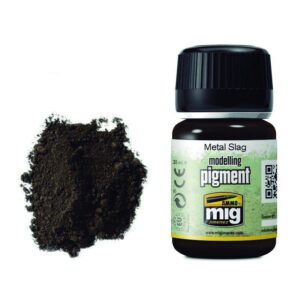 AMG Metal Slag pigment enhances model painting with dark, gritty powder for realistic weathering effects.