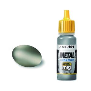 A.MIG-191 metallic acrylic paint for modelers with yellow lid and grey-green swatch.
