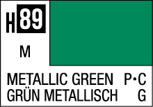 Metallic Green Paint Label H89: vibrant shade with metallic finish, English and German descriptors.